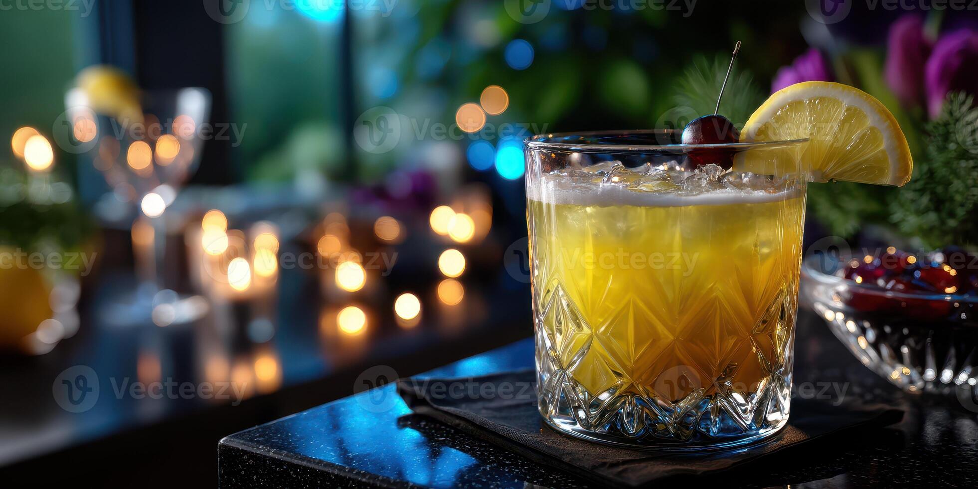 Vibrant cocktail garnished with lemon and cherry on a bar counter during a lively evening photo