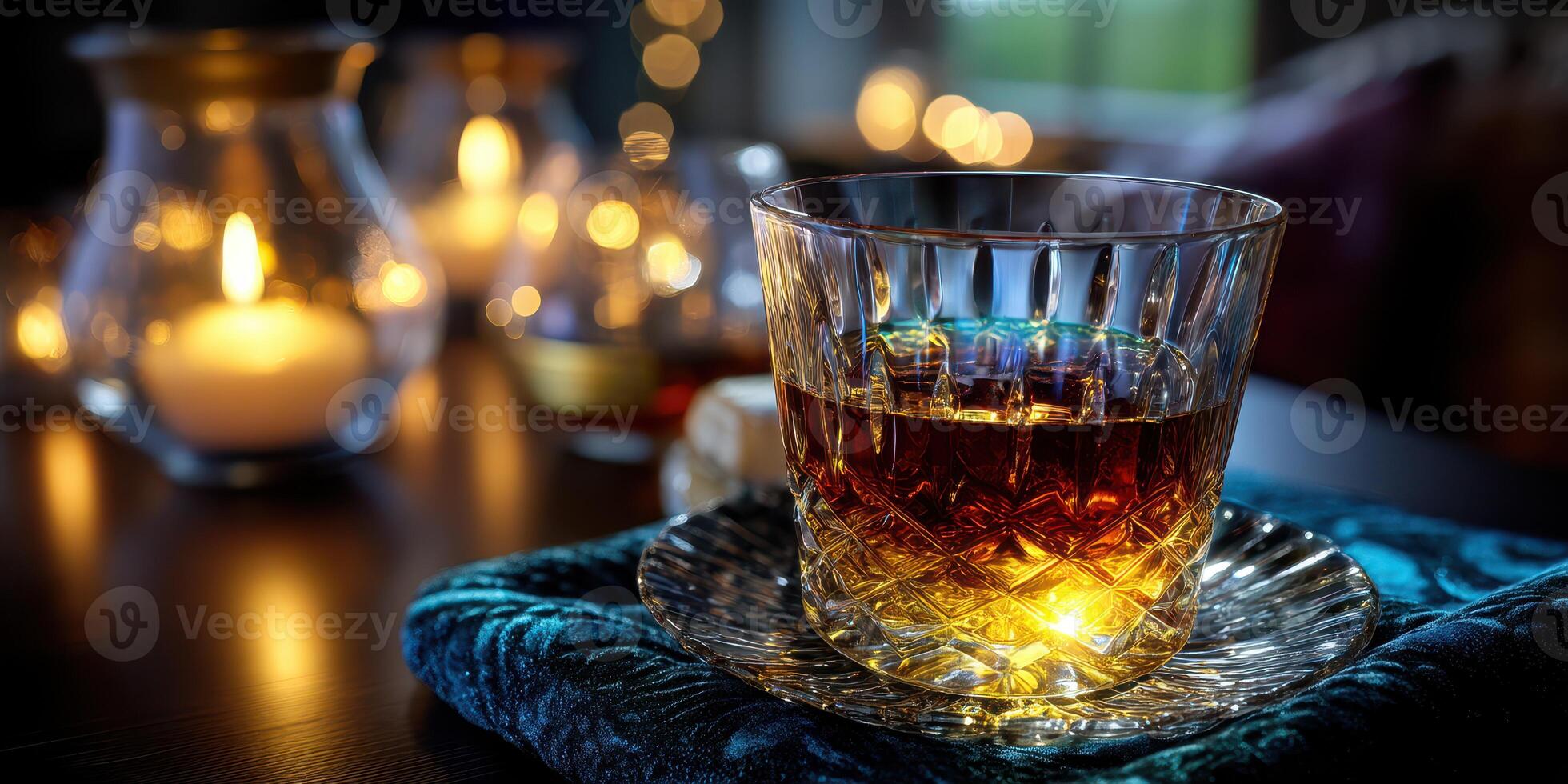 Elegant glass of whiskey illuminated by warm candlelight in a cozy setting during the evening hours photo