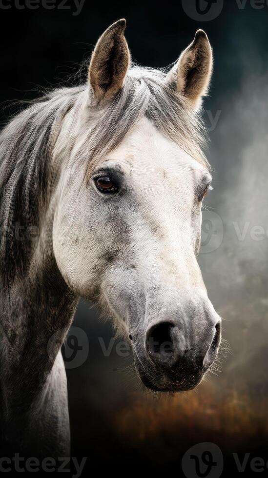 Majestic horse portrait captured in soft light showcasing its striking features and calm demeanor in a serene setting photo