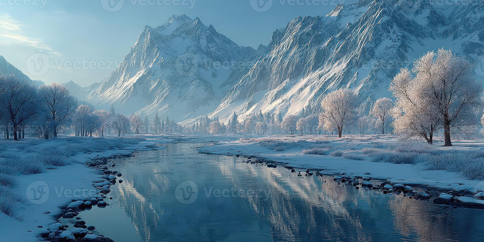 Majestic snowy mountains reflect in a serene river surrounded by frosted trees under a clear winter sky at dawn photo
