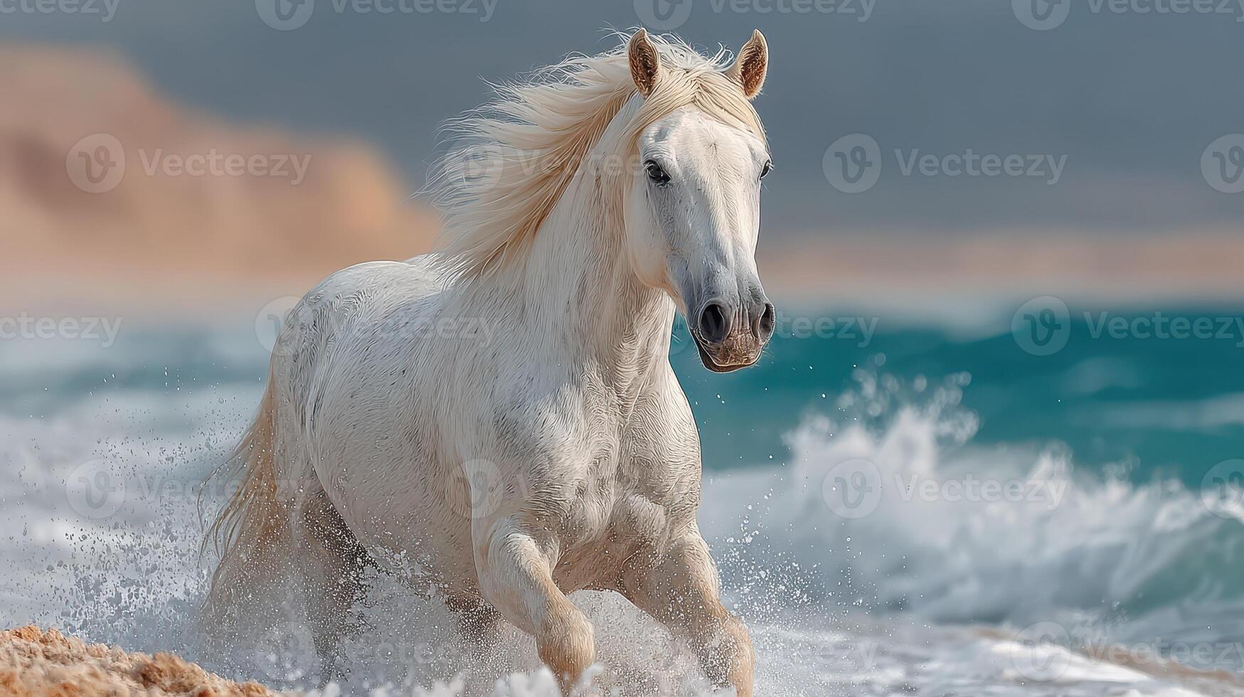 White horse gallops through ocean waves on a sunny beach during the golden hour photo