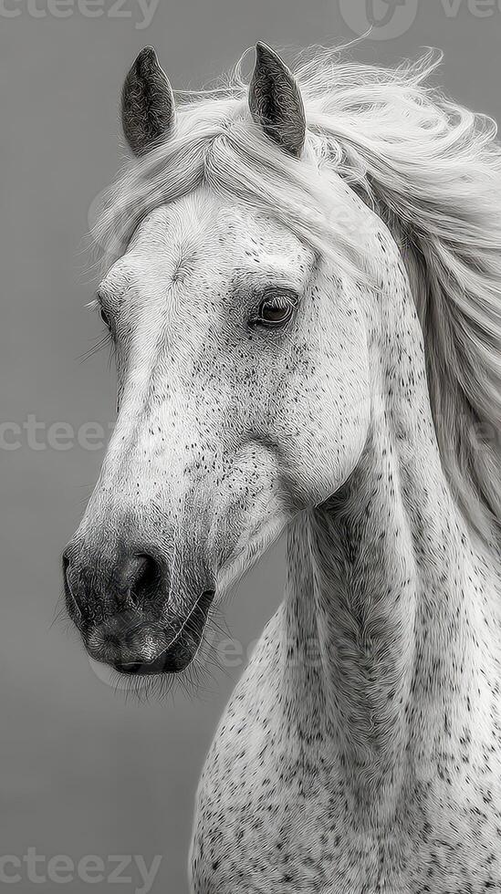 Majestic white horse with flowing mane stands proud against a soft gray backdrop in a serene setting photo
