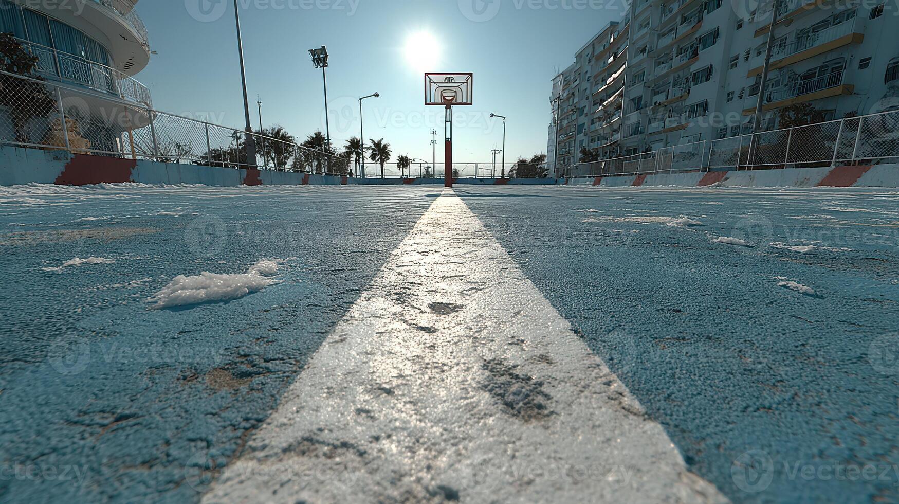 Empty basketball court under bright sun with a clear blue sky and palm trees in the background early in the morning photo