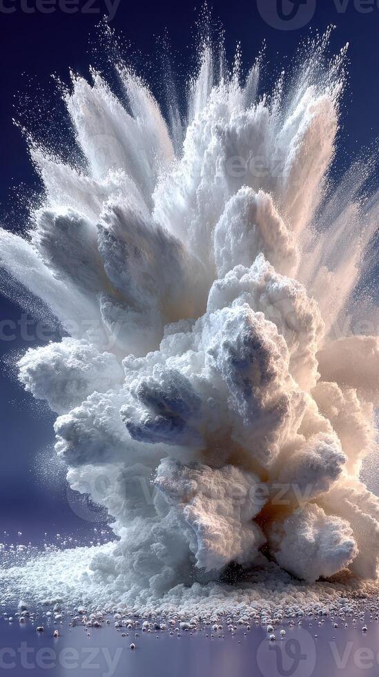 Cloud of white powder explodes dramatically in a spectacular display against a dark background photo