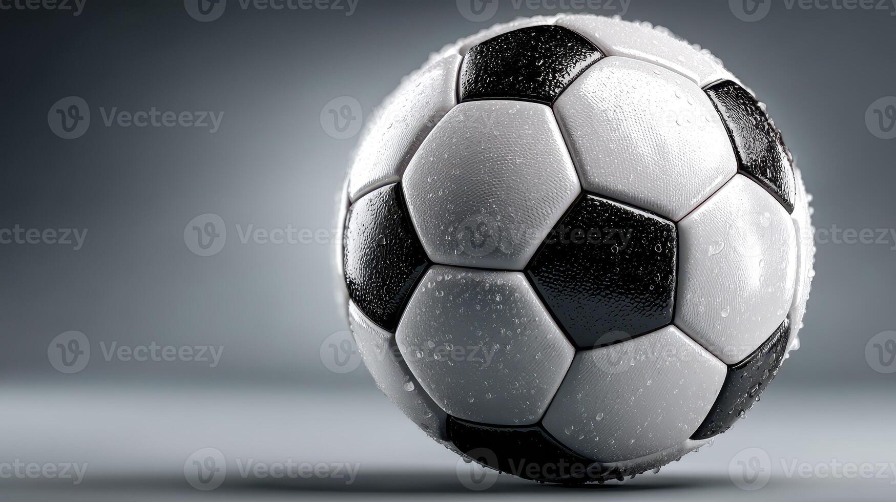 Soccer ball resting on a wet surface with droplets glistening under soft light during an indoor setting photo