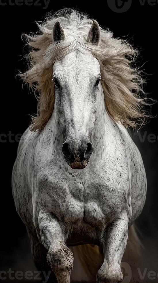 Majestic white horse galloping forward with flowing mane against dark background capturing dynamic energy and grace photo