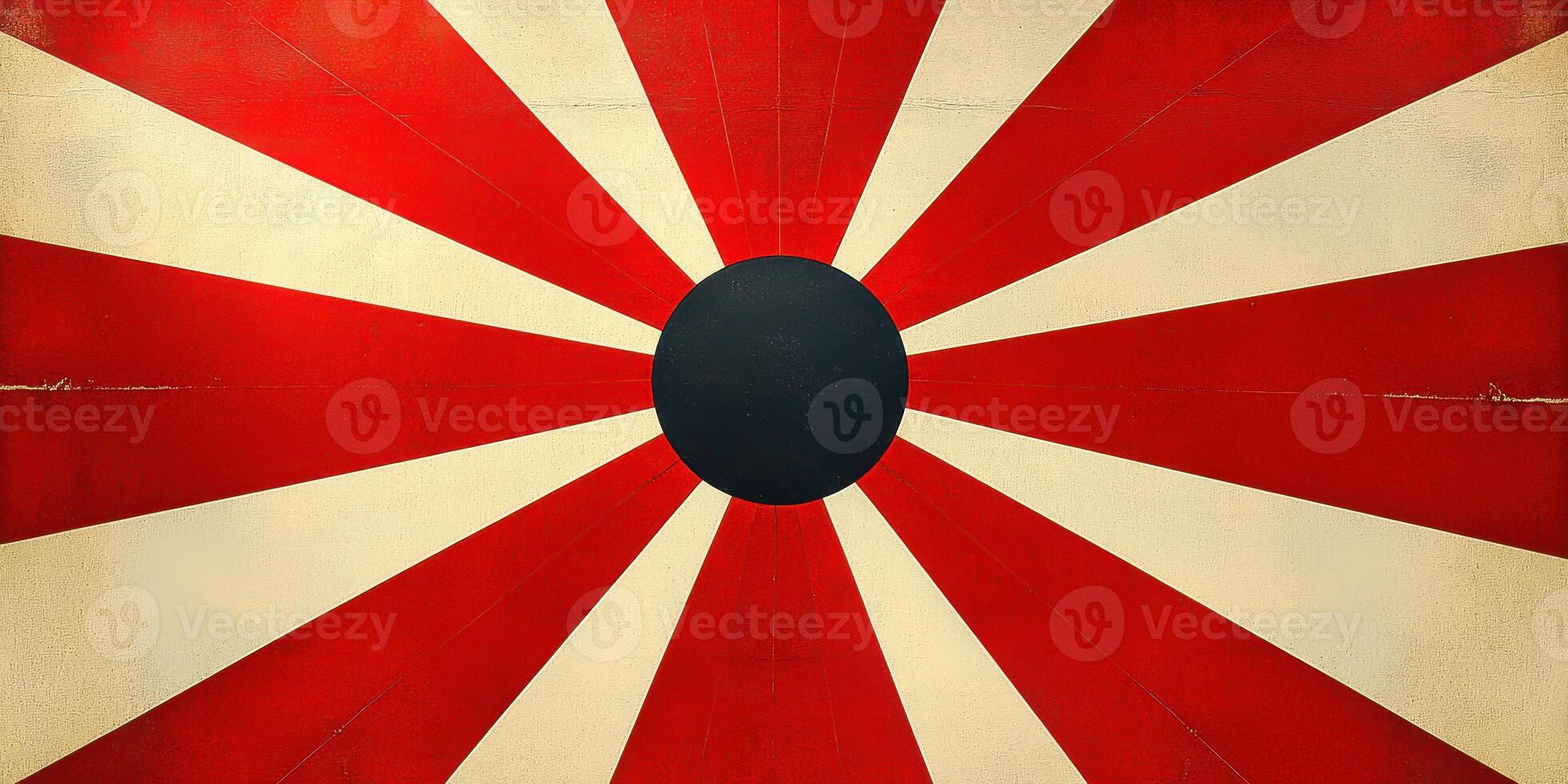Red and white rays radiate from a central circle on a vintage style background photo