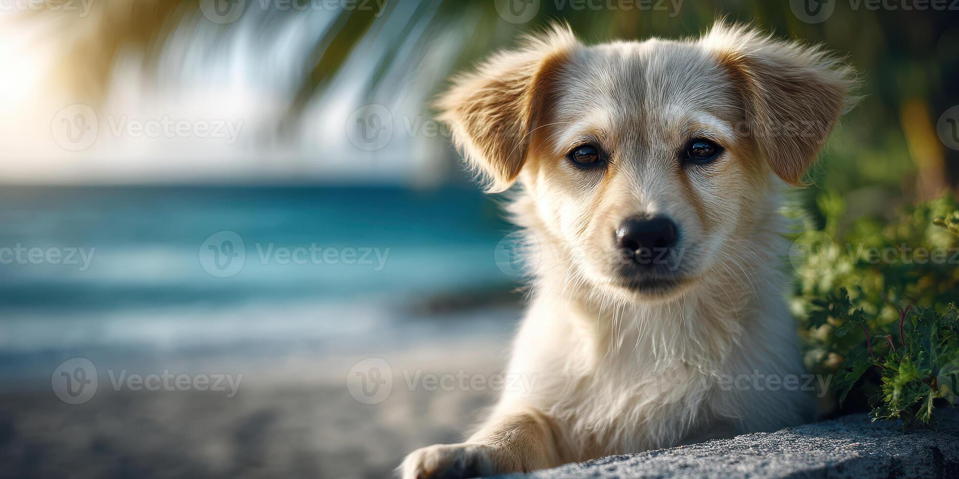 Cute puppy relaxing on a sunny beach with waves in the background during a warm afternoon photo