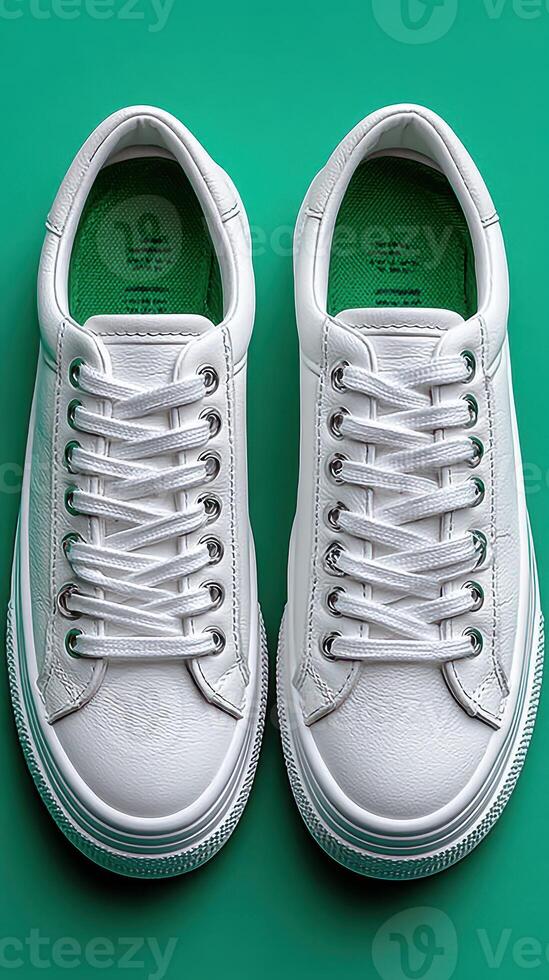 Stylish white sneakers laid out against a vibrant green background showcasing modern footwear design photo