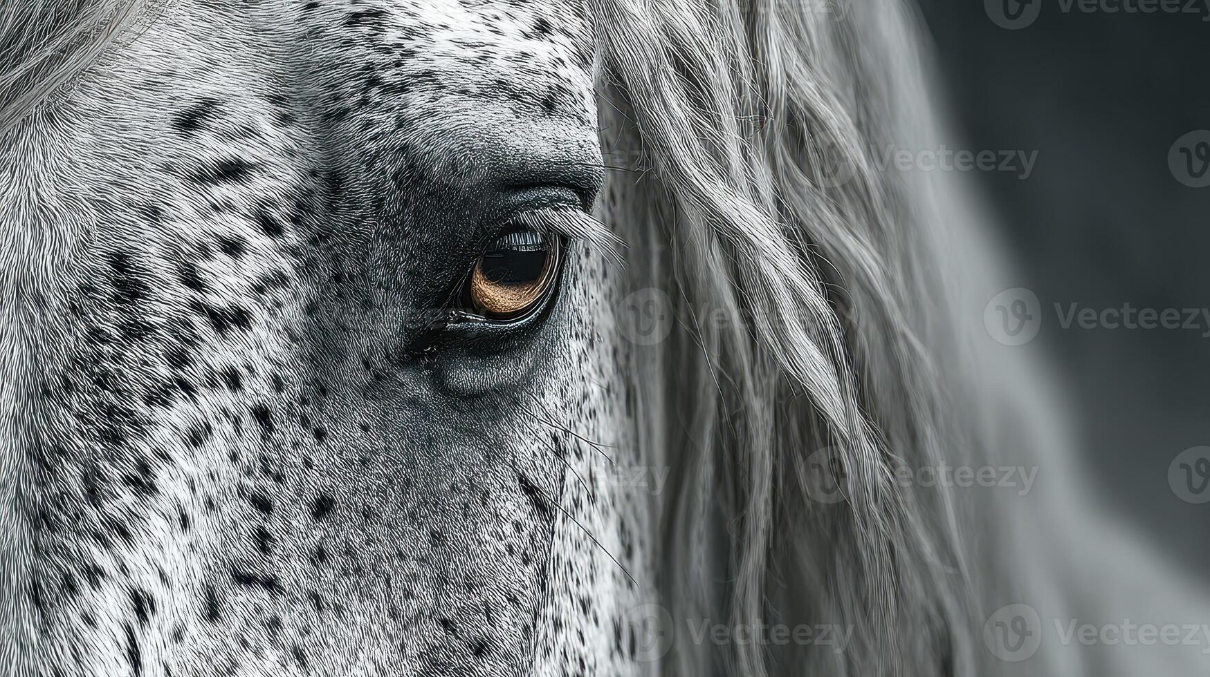 Close-up of a horse's eye showcases its unique markings and flowing mane set against a soft background in natural light photo