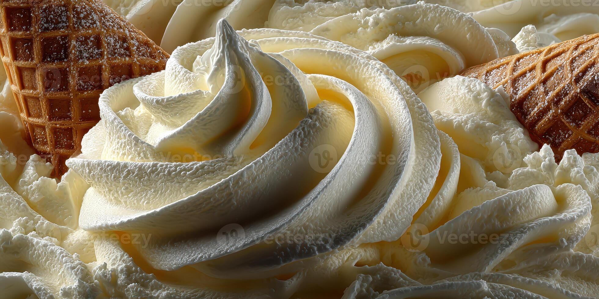 Creamy swirls of soft serve ice cream topped with waffle cones in a tempting dessert display photo