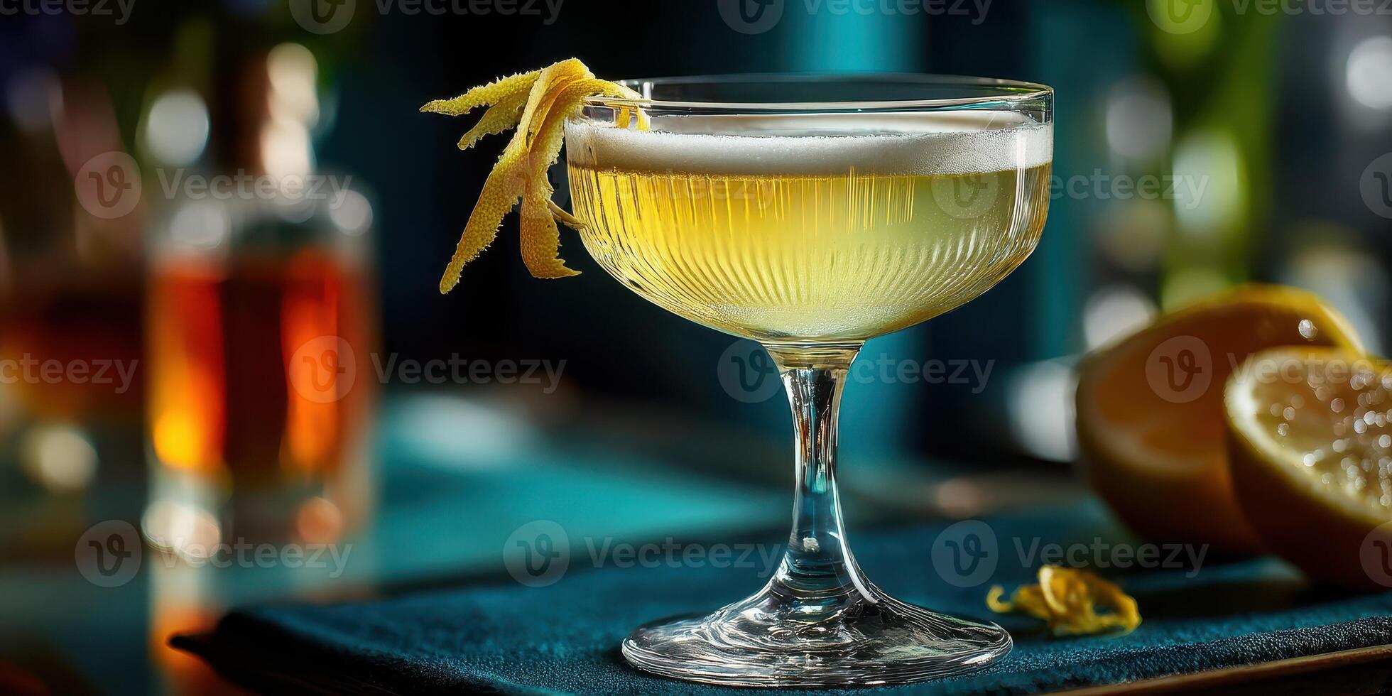 Elegant cocktail served in a vintage coupe glass garnished with a citrus twist at a stylish bar photo