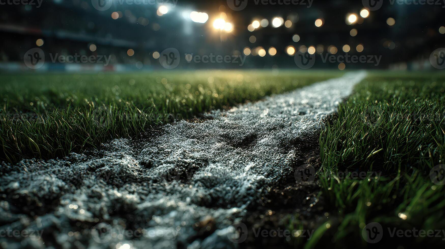 Captivating close-up of a soccer field's white line illuminated by stadium lights at night during a game event photo