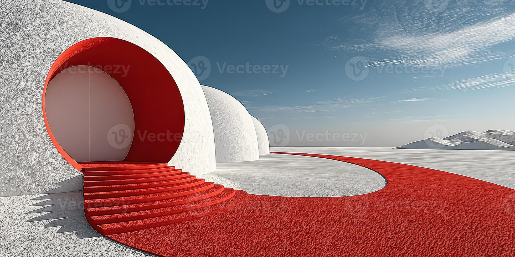 Unique modern architecture featuring a curved entrance and red steps against a clear blue sky at a serene landscape photo