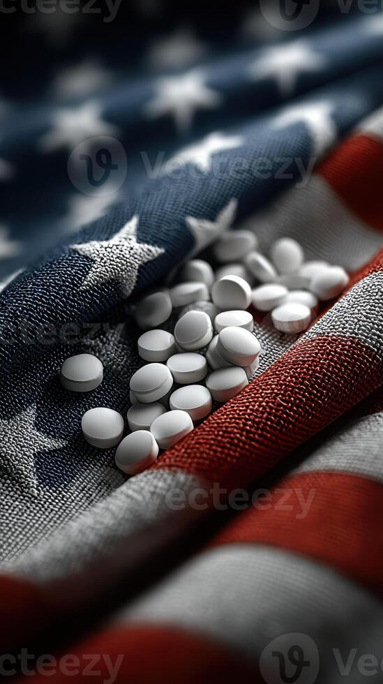 White pills scattered on an American flag symbolizing health and national issues in a focused composition photo
