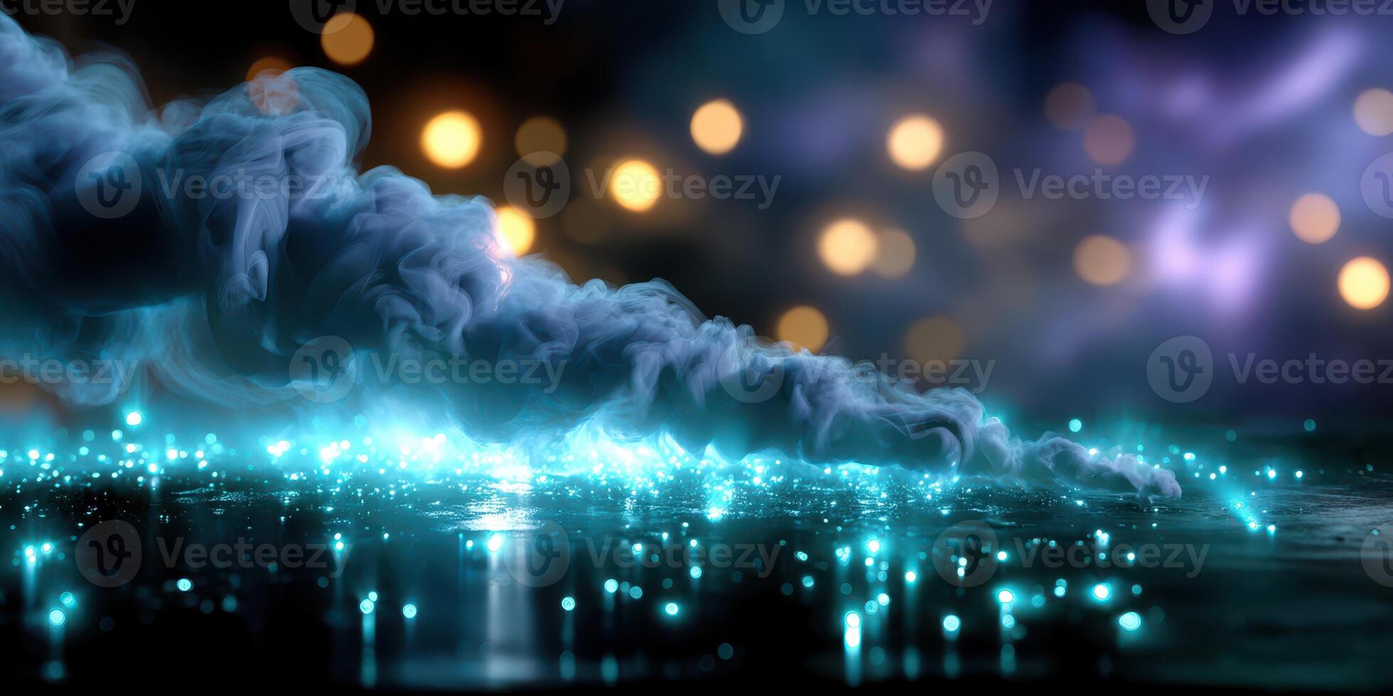 Mystic smoke swirls above sparkling water with shimmering lights in the background at nighttime photo