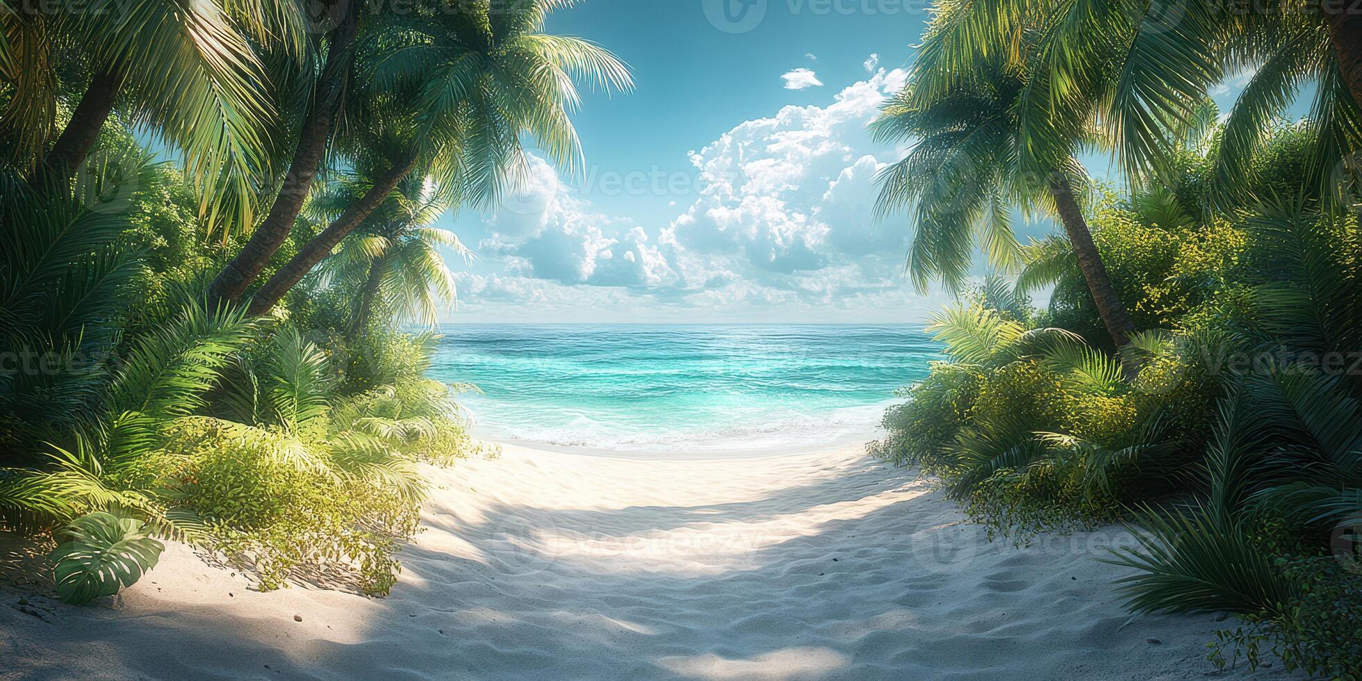 Tropical beach pathway with lush greenery leading to serene ocean waves under a bright sky photo