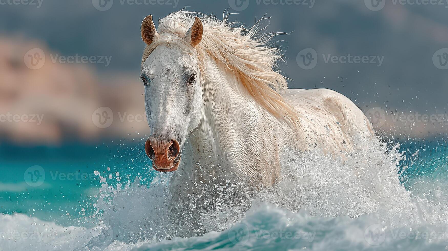 Majestic white horse galloping through turquoise waves on a sunny day by the shoreline photo