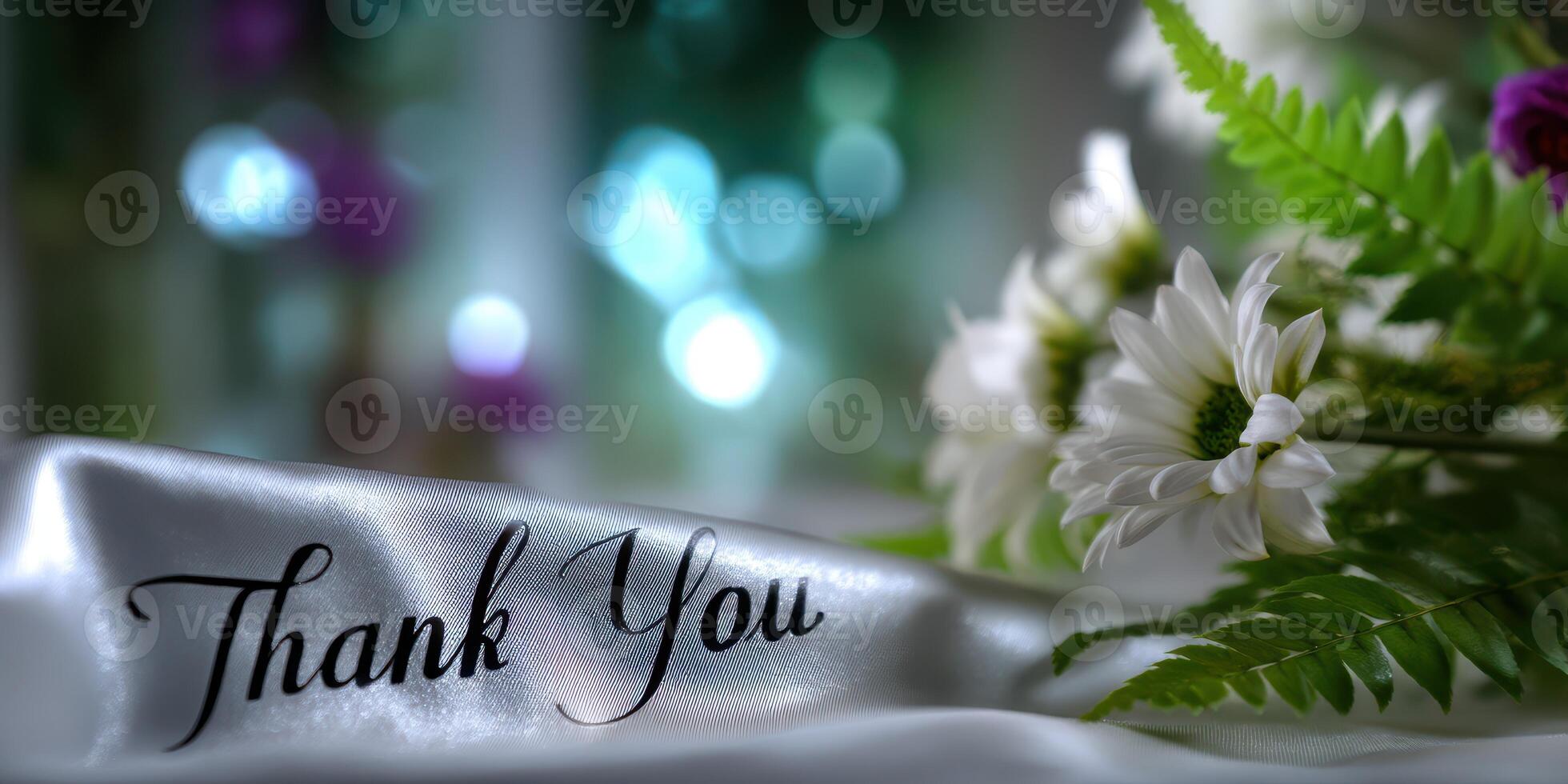 Beautiful bouquet and elegant ribbon expressing gratitude in a serene setting photo