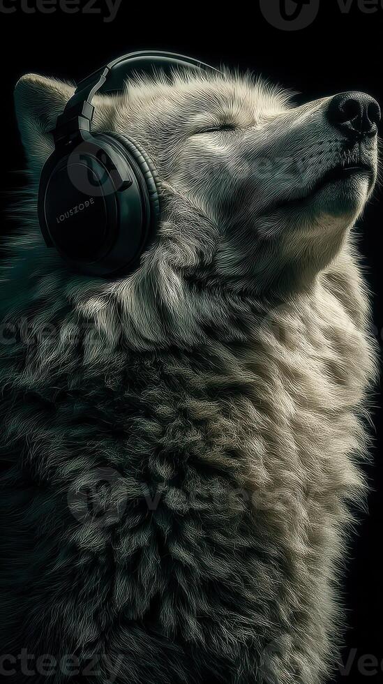 Wolf enjoys music with headphones in a serene and peaceful moment in a dark setting photo