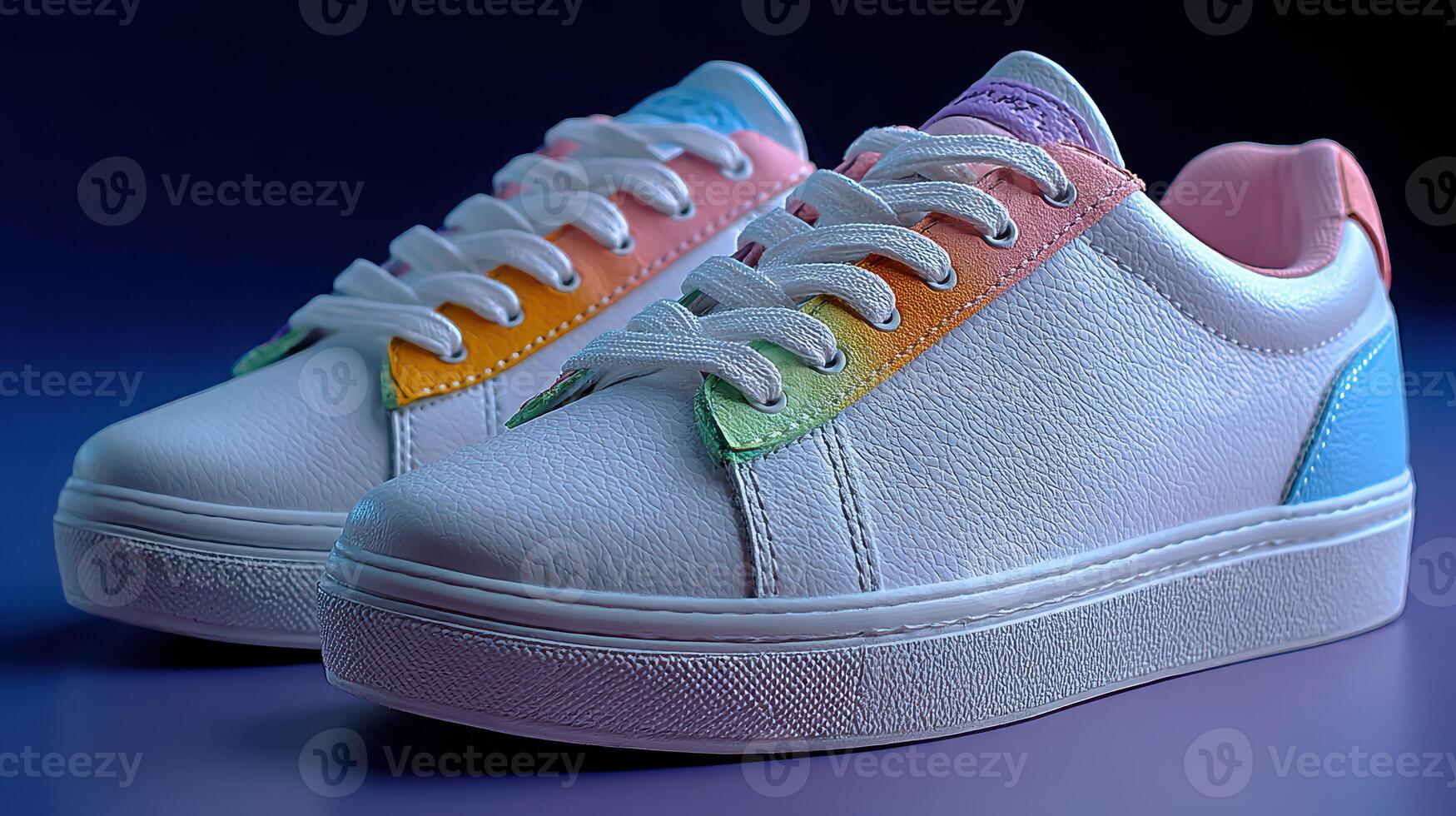Colorful casual sneakers on a display with a vibrant background at a retail store photo
