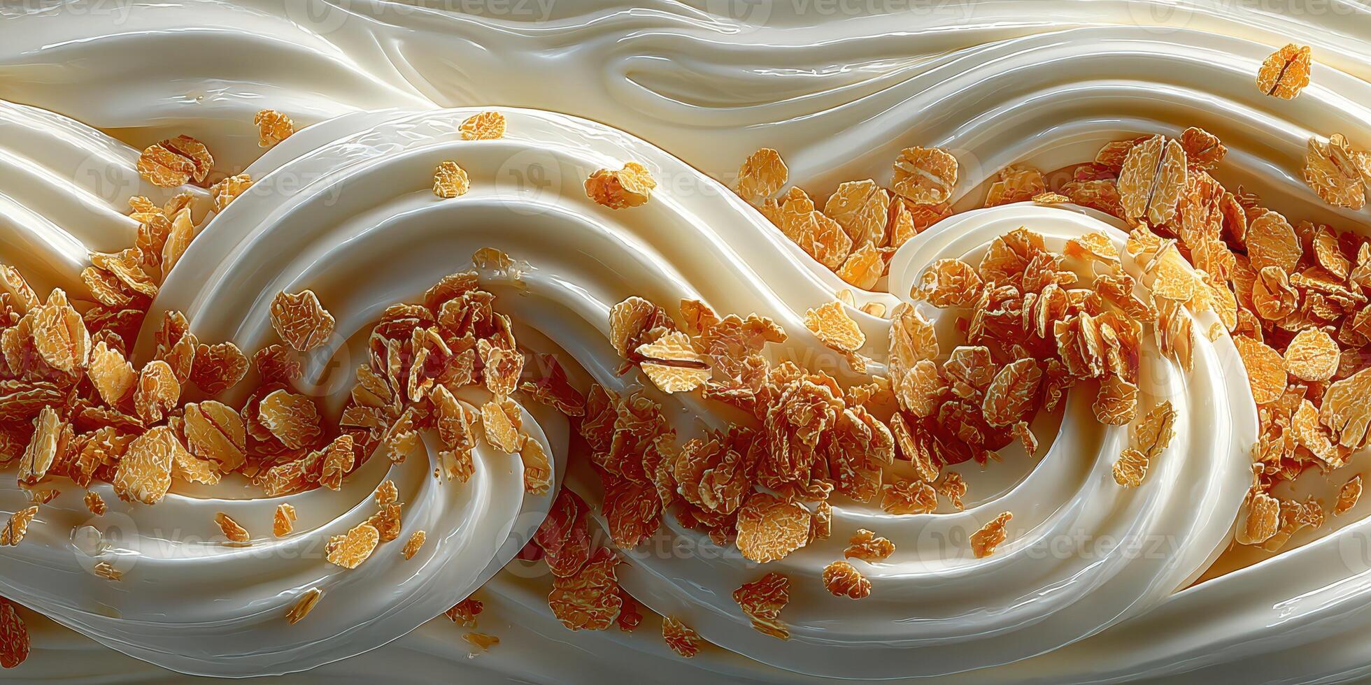Creamy texture with crispy oat flakes creates a delicious dessert topping in bright light photo