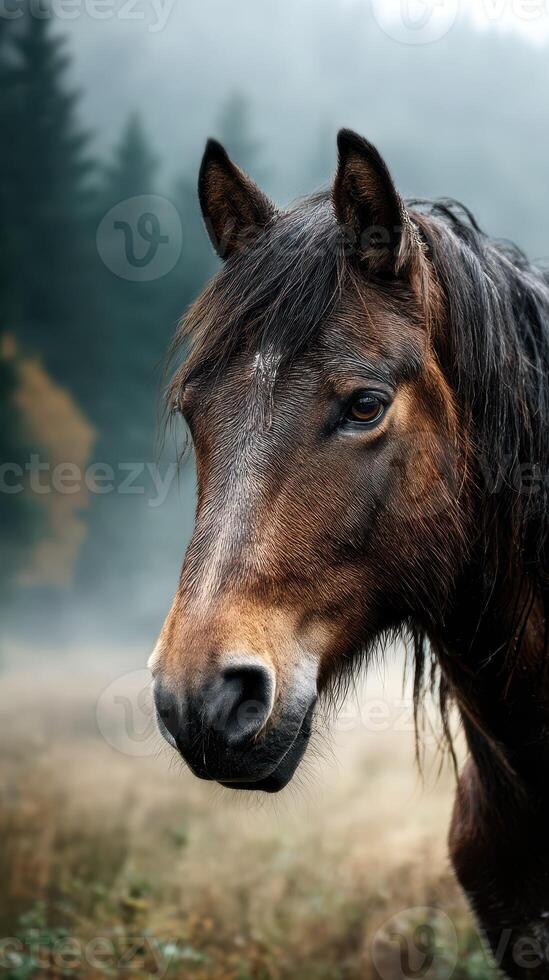 Horse portrait set in a misty forest during early morning hours with lush greenery in the background photo