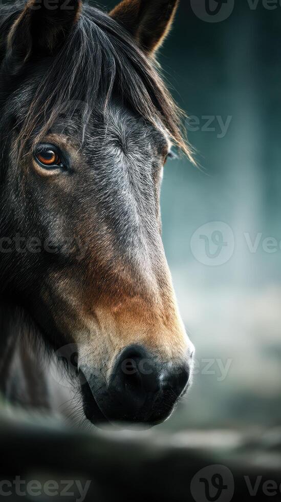Close-up view of a horse showcasing detailed features in a serene outdoor setting photo