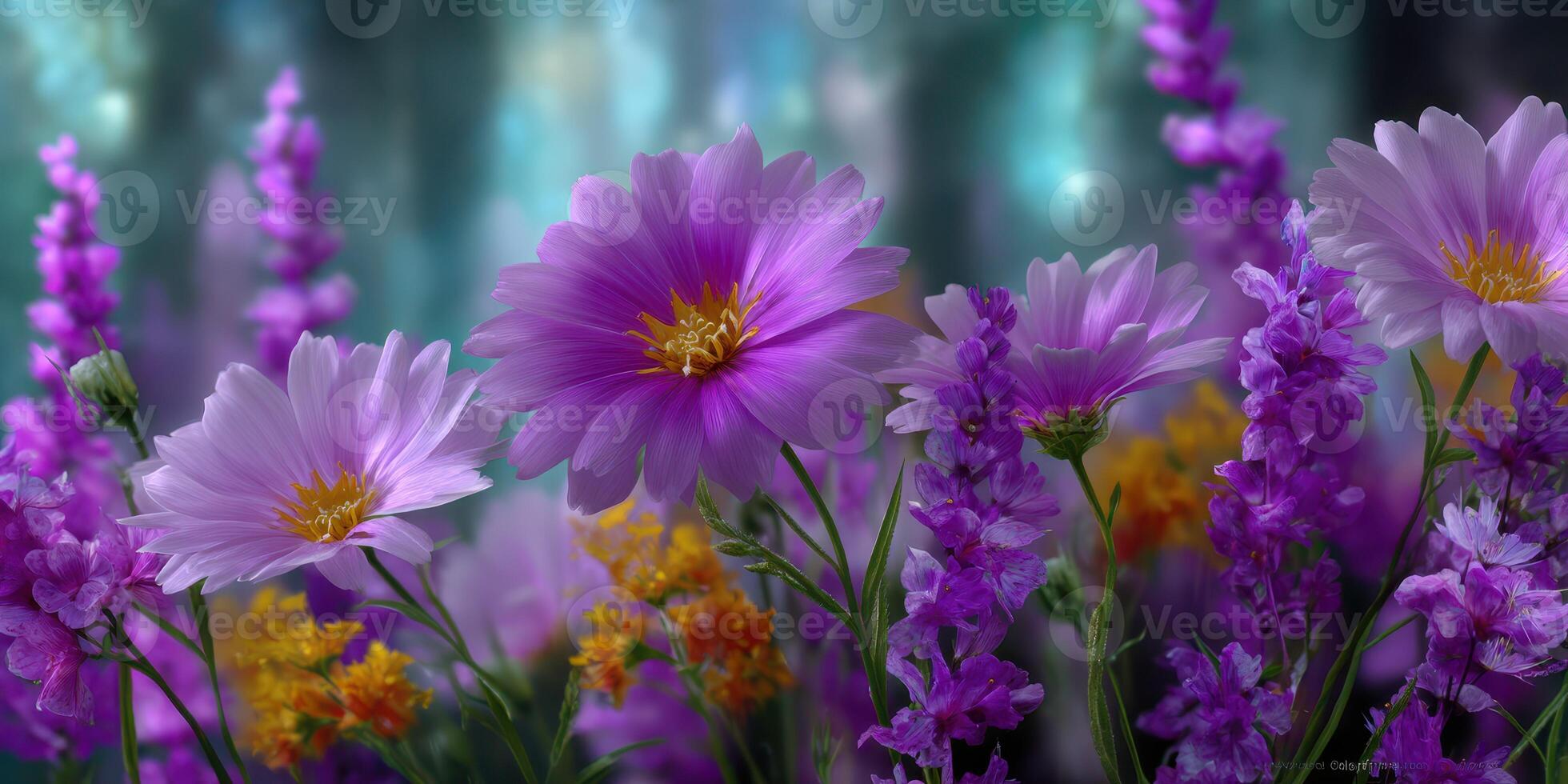 Colorful purple flowers bloom in a vibrant garden filled with sunshine and greenery under a clear sky photo