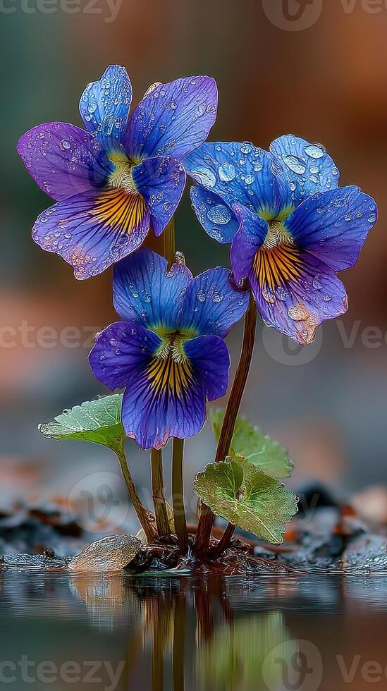 Vibrant blue violets with raindrops captured in a serene natural setting during a misty morning photo