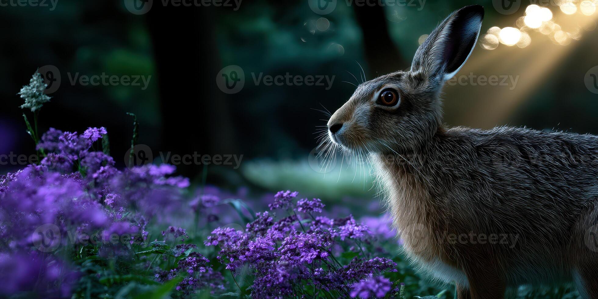 Hare observing in a field of purple wildflowers at dawn in a serene forest landscape photo