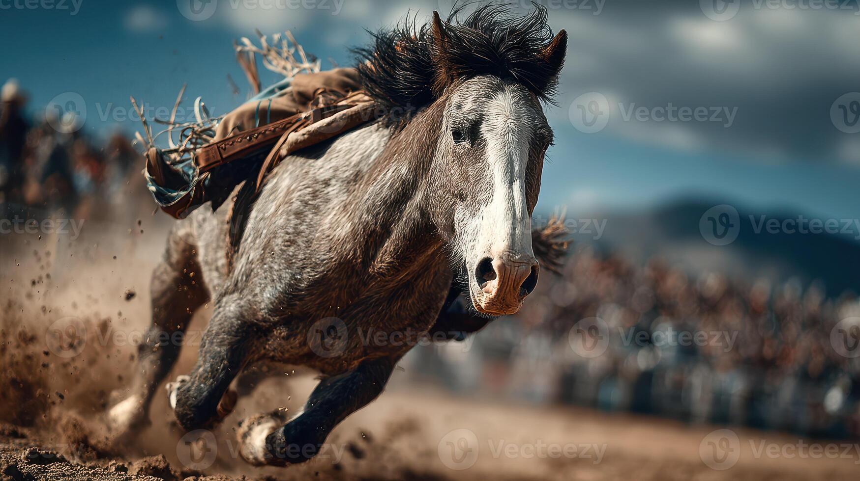 Horse galloping through dust at a lively ranch rodeo event in the countryside on a sunny afternoon photo
