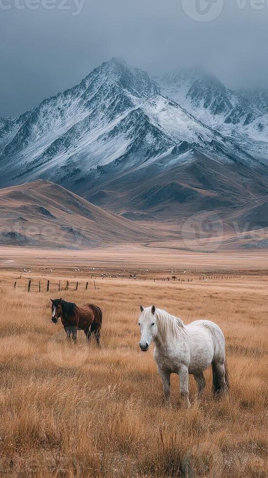 Horses grazing in a vast meadow with snow-capped mountains under a cloudy sky in autumn photo