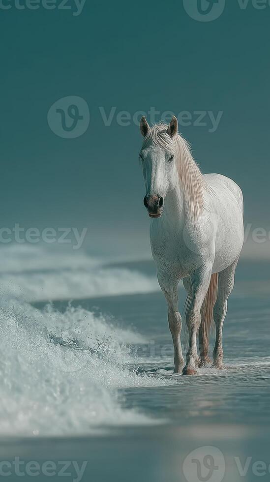 White horse standing calmly at water's edge during twilight on a serene beach with gentle waves photo