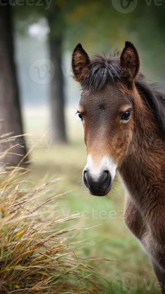 Brown foal stands quietly in a tranquil meadow surrounded by tall grass and trees during an early morning mist photo
