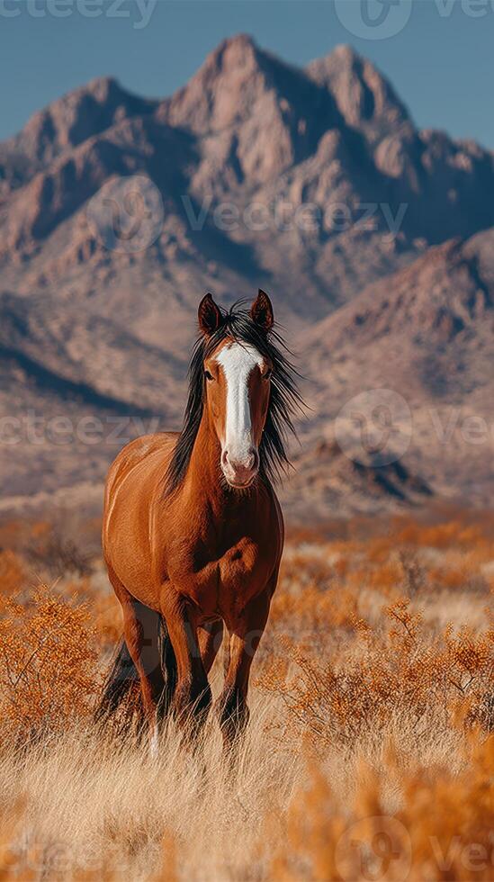 Wild horse roams freely in a desert landscape with majestic mountains in the background during golden hour photo