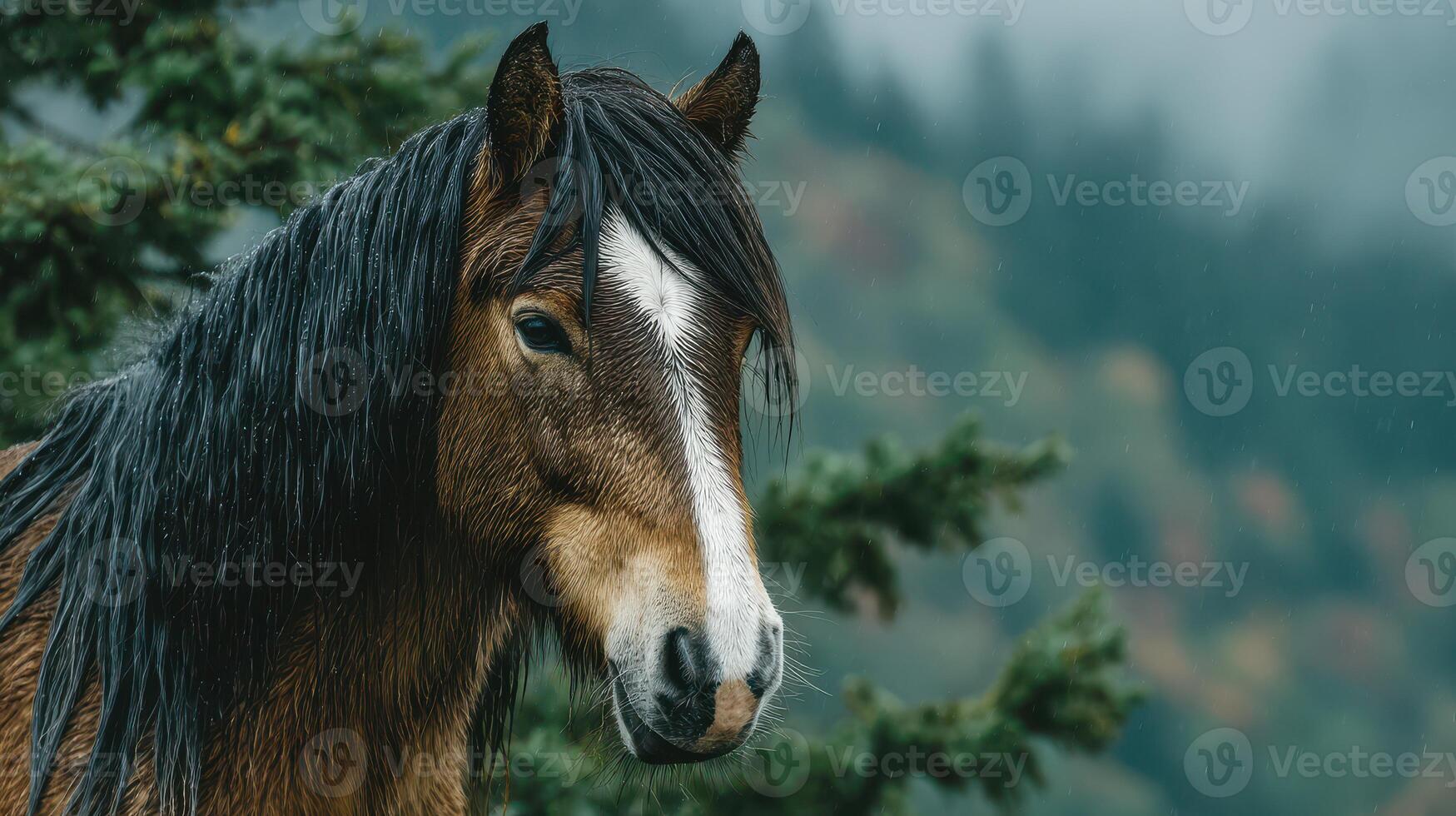 Majestic horse stands in the rain against a backdrop of misty mountains and evergreen trees in a tranquil setting photo