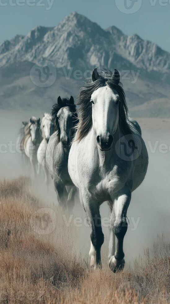 Herd of galloping horses charging through misty plains with majestic mountains in the background photo