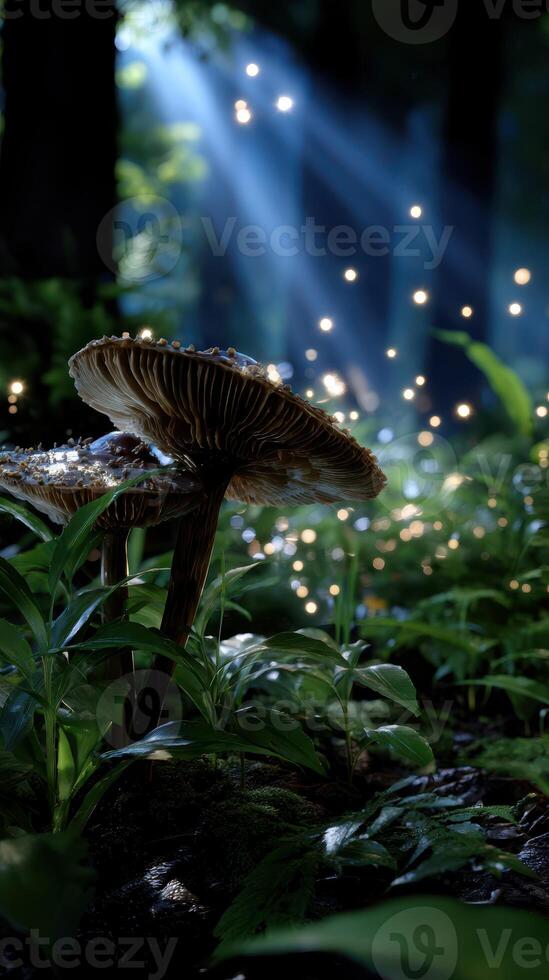 Enchanted mushrooms illuminated by soft rays of light in a serene forest photo