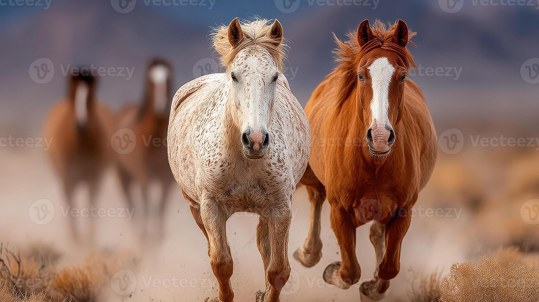 Horses running swiftly through the dusty landscape in a wild setting during daylight hours photo