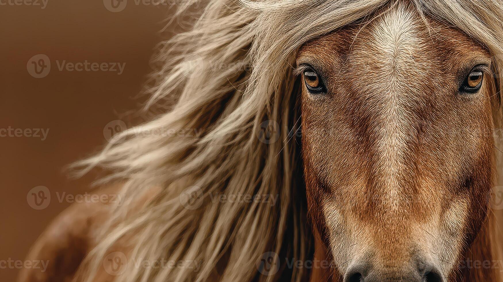 Majestic horse with flowing mane captured in a breathtaking close-up under natural light photo