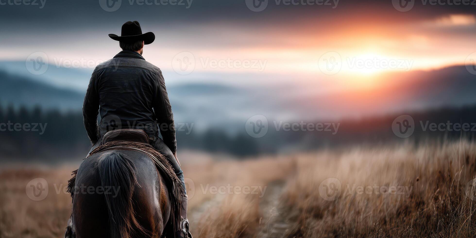 Cowboy rides into sunset over mountains, showcasing serene landscape and tranquil evening atmosphere photo
