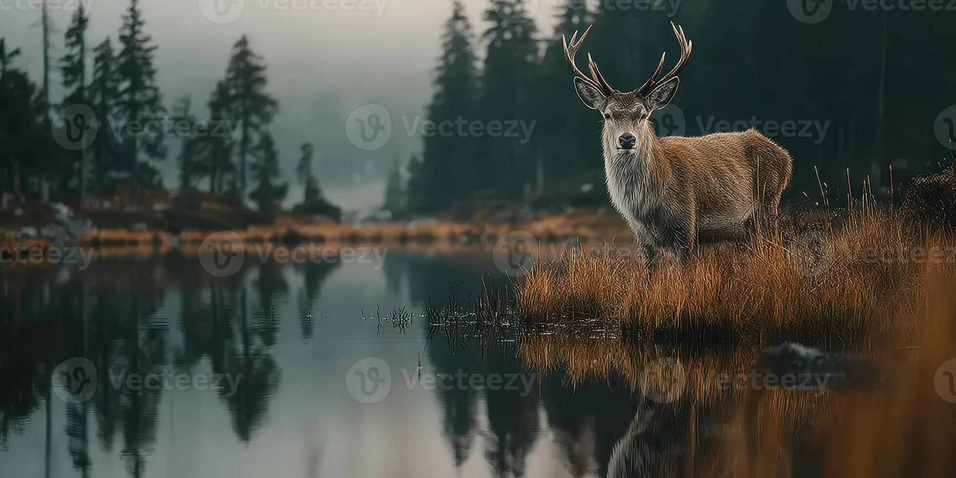Majestic deer stands beside tranquil lake surrounded by misty forest at dawn photo
