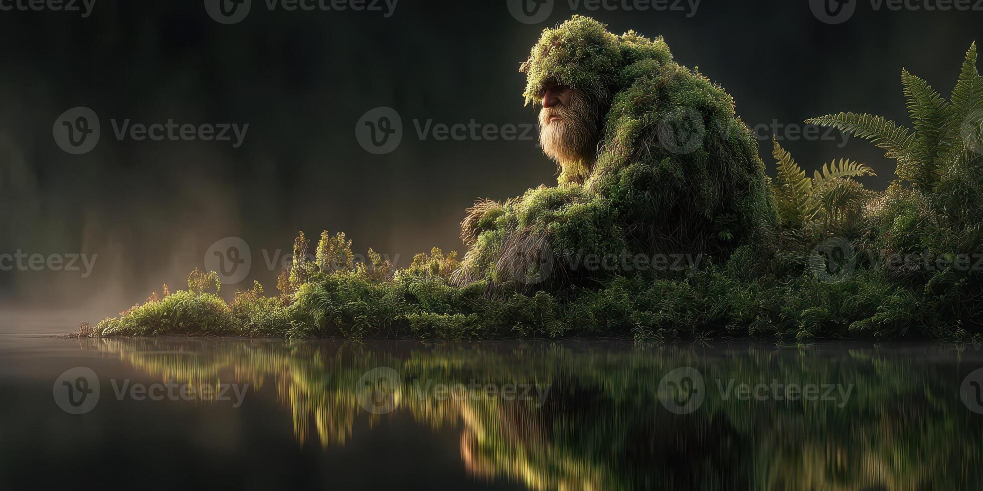 Enigmatic moss-covered creature sits by a tranquil lake in a misty forest during early morning light photo