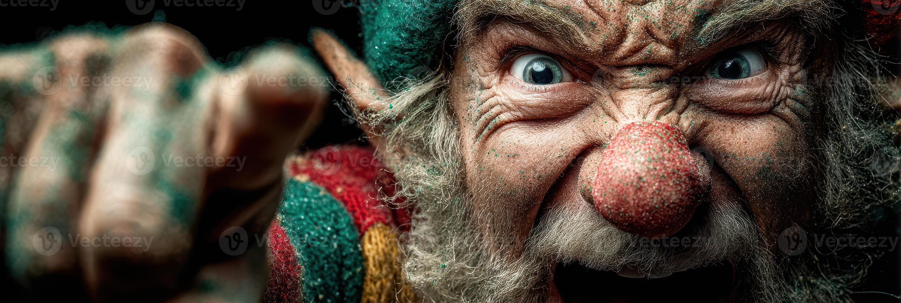 Angry elf yelling with bright eyes and colorful outfit in a close-up setting photo