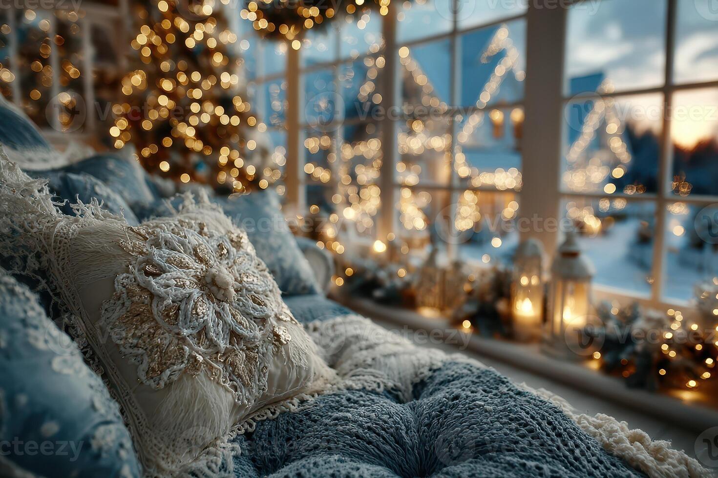 Cozy winter living room with festive decorations and soft lighting creating a warm ambiance photo