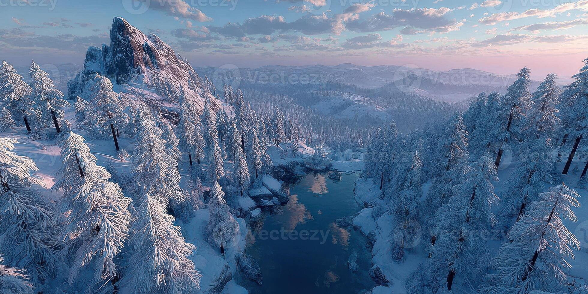 Snow-covered landscape with a serene river and mountain view during twilight in a tranquil winter setting photo