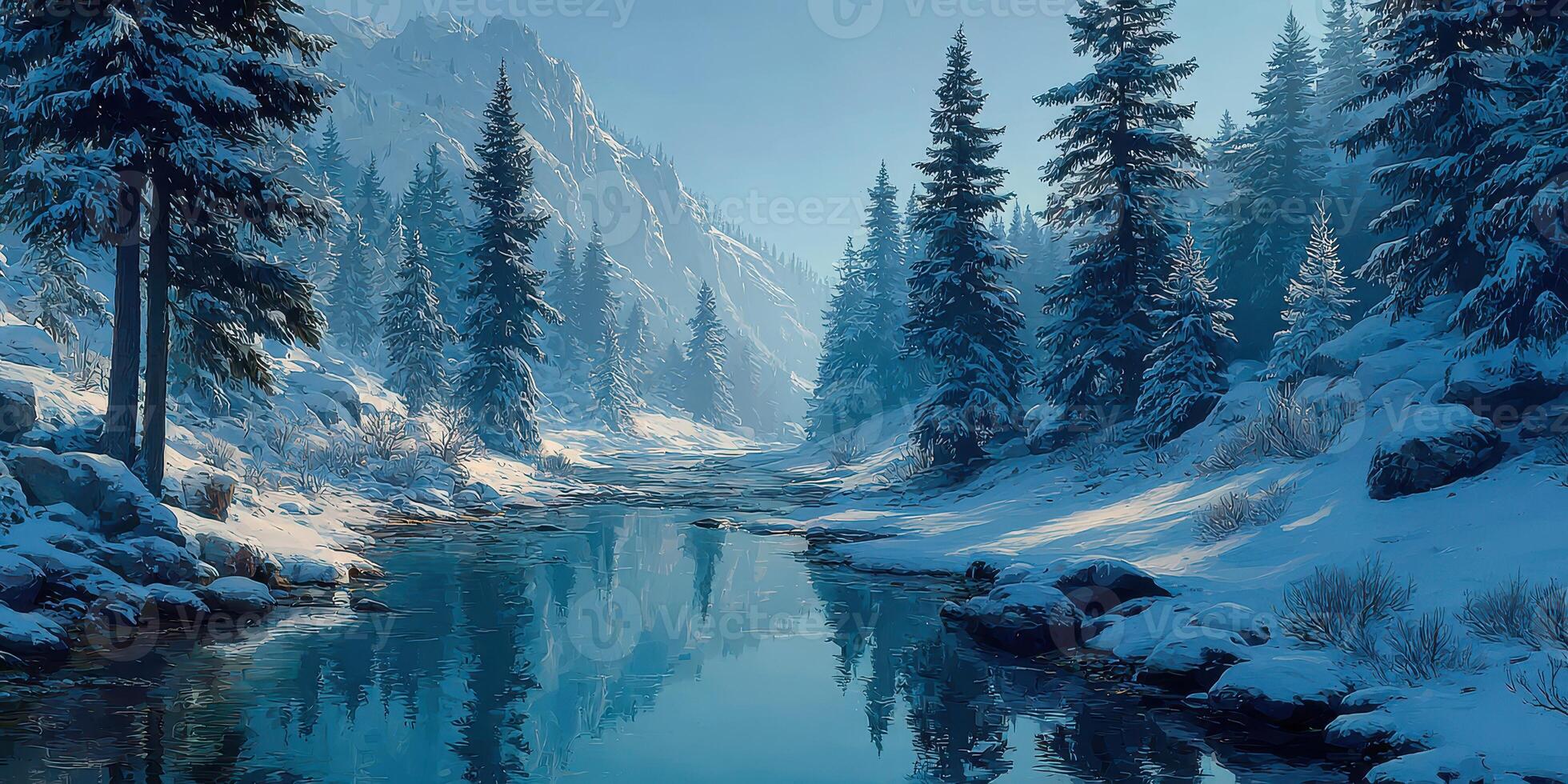 Snowy landscape with serene river and tall evergreen trees during winter morning light photo