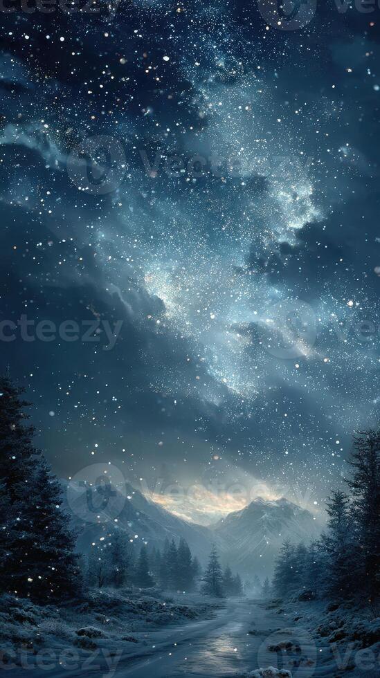 Snowfall over a mountainous landscape under a starry night sky with bright clouds in winter photo