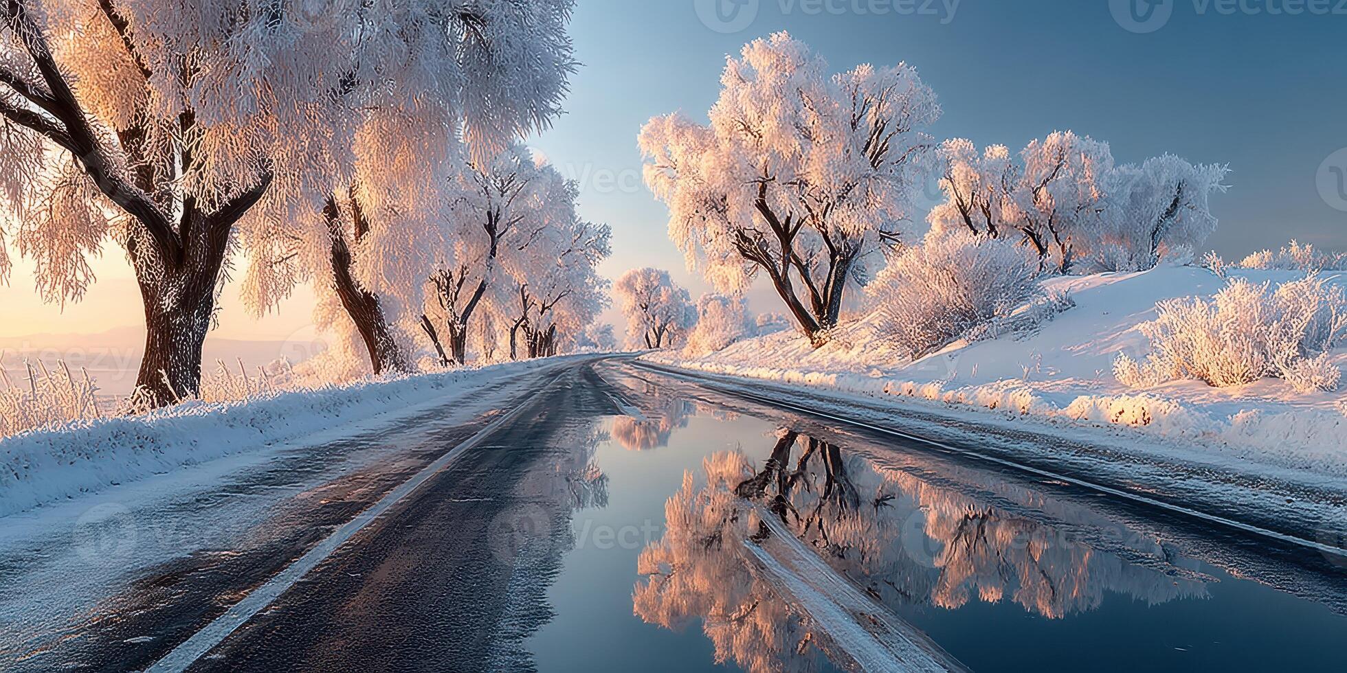 Winter road lined with frosty trees reflecting in a tranquil puddle at dawn photo
